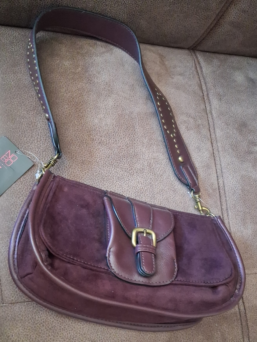 No Boundaries Women’s Berry Faux Suede Shoulder Bag with Buckle Detail